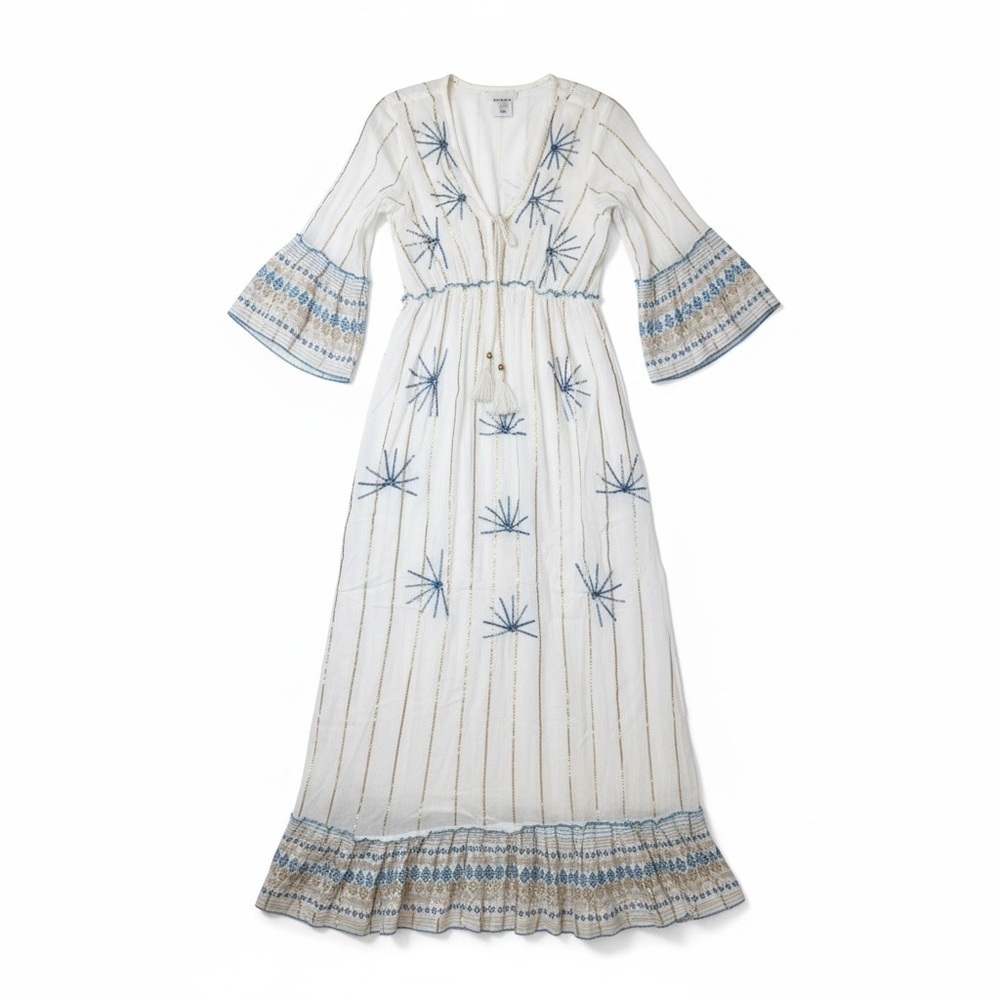 ANANTA Boho White with Blue Accents Maxi Dress Size S/M NWT